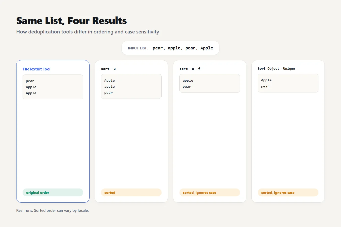 Four cards showing the same list of pear, apple and Apple deduplicated four different ways