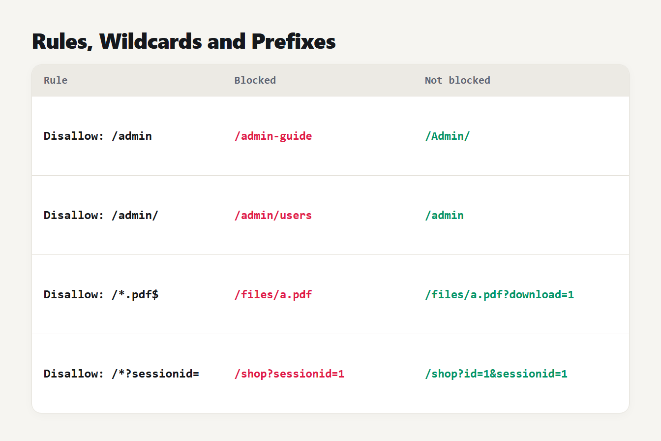 Table of robots.txt rules with the URLs each one blocks and the URLs it does not block