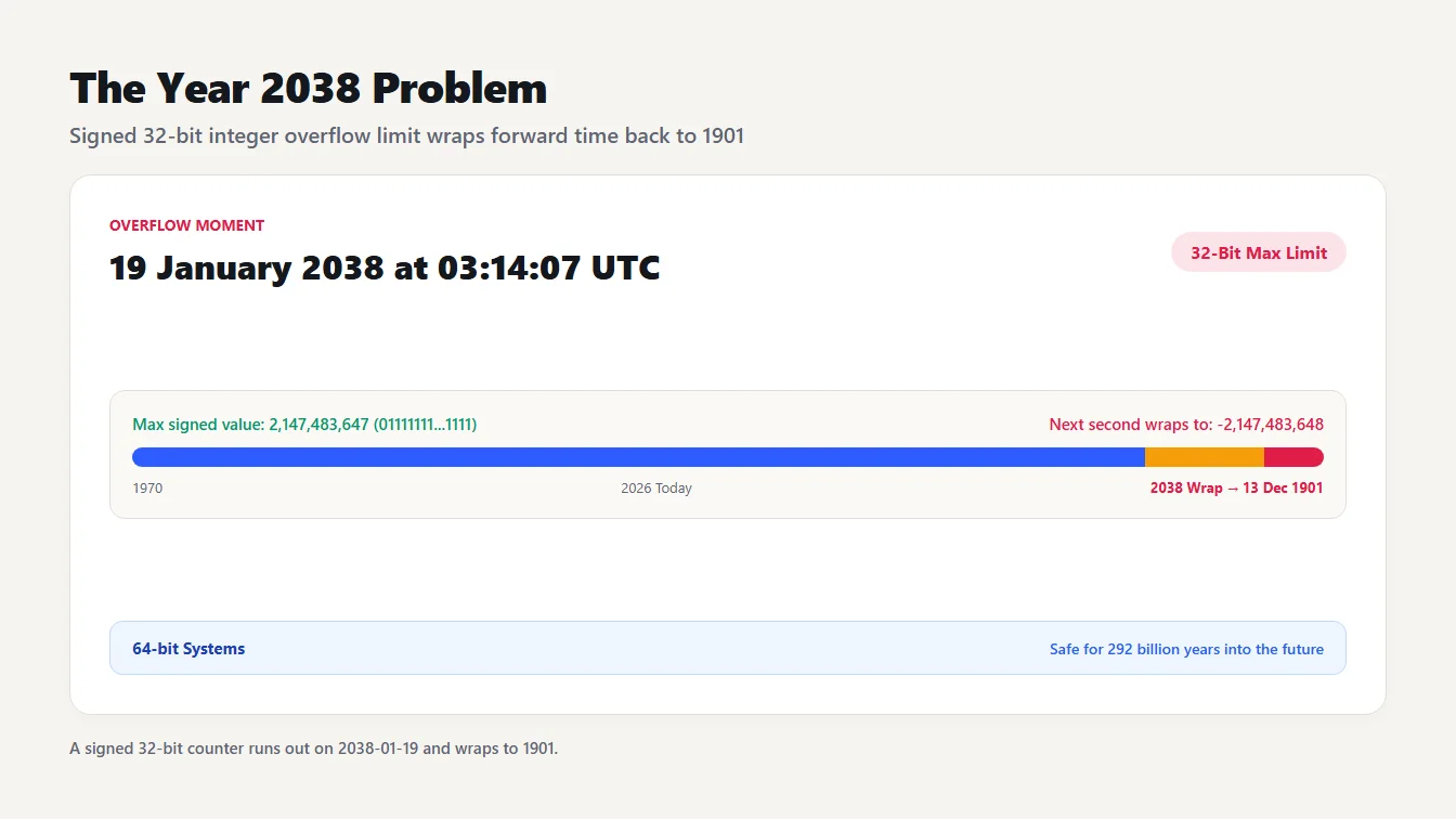 The Year 2038 problem timeline Timeline of the 2038 problem showing 32 bit time reaching its limit on 19 January 2038 and wrapping to 1901