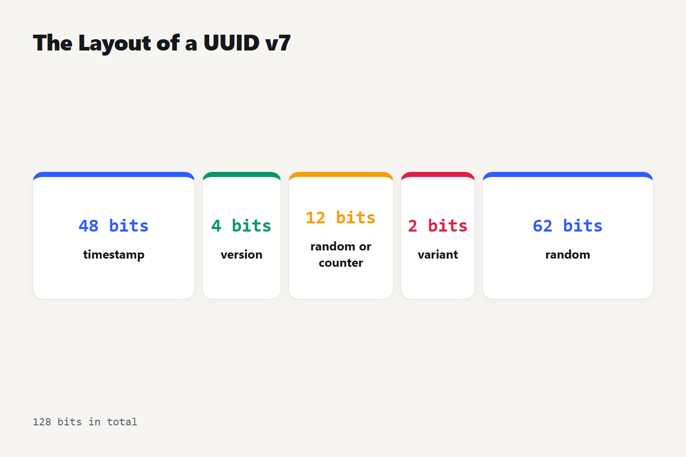 The layout of a UUID v7 The five fields of a UUID v7: 48-bit timestamp, 4-bit version, 12 random or counter bits, 2-bit variant, 62 random bits