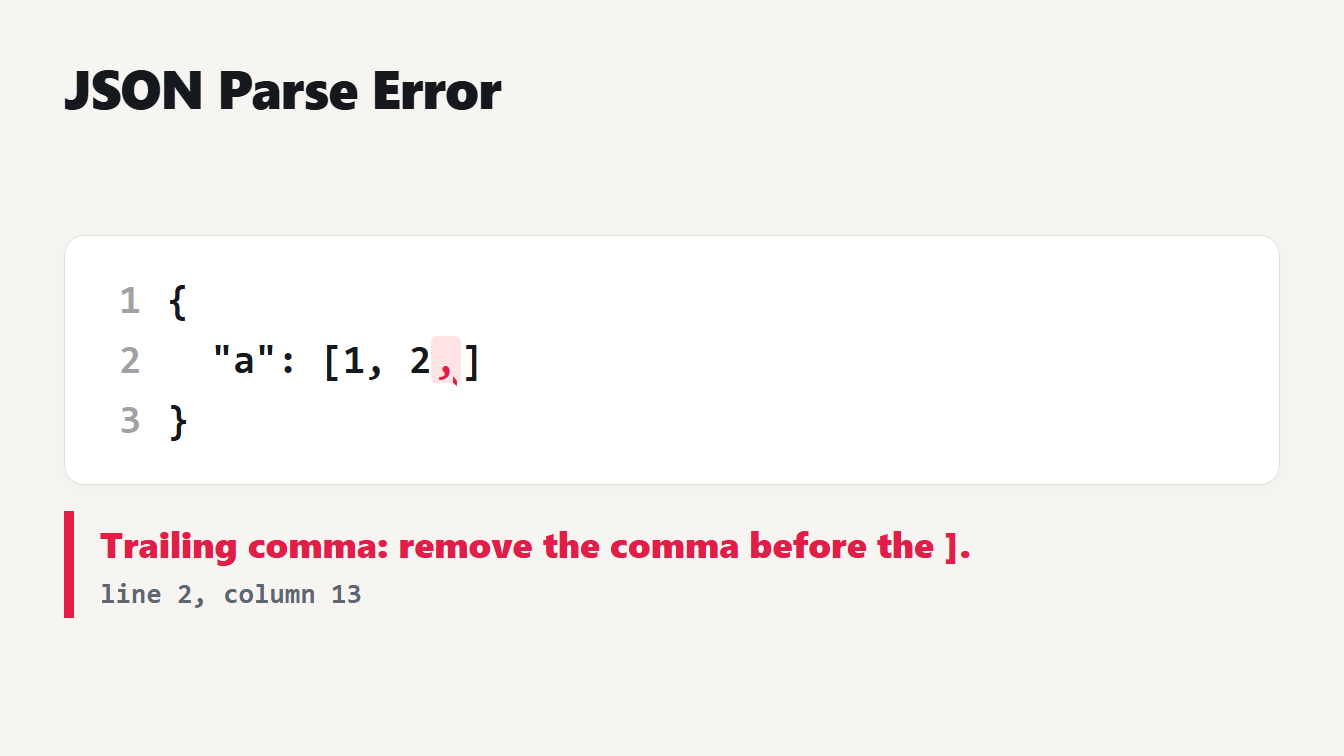 A JSON parse error with its fix JSON parse error: a trailing comma before a closing bracket, reported at line 2 column 13