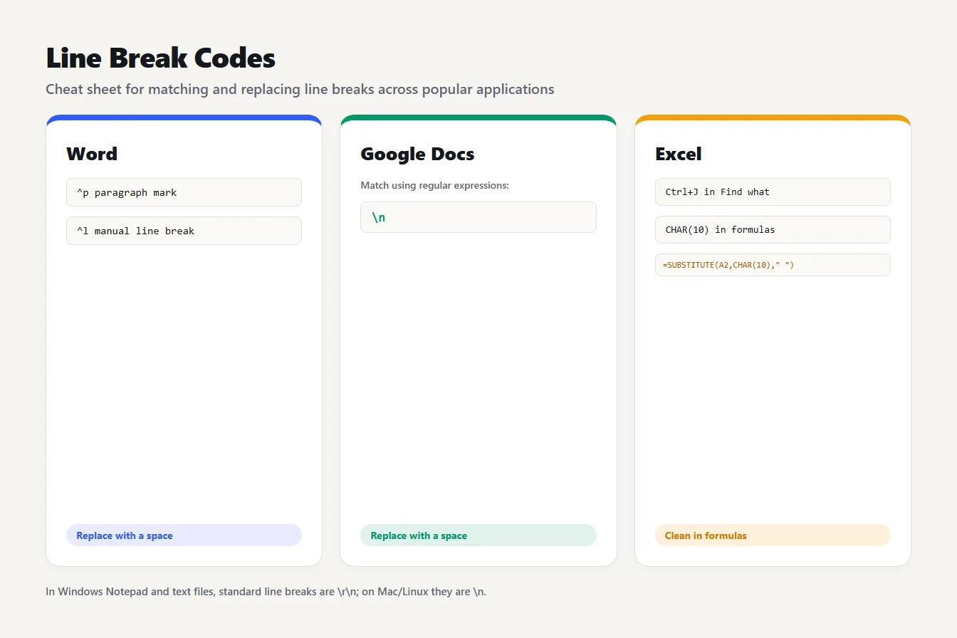 Line break codes for Word, Google Docs and Excel Cheat sheet of the line break codes to use in Word, Google Docs and Excel