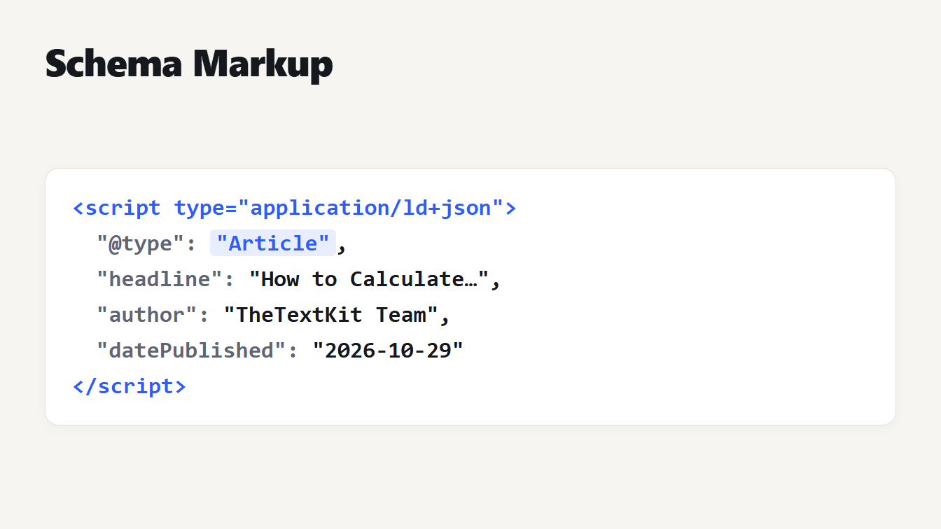 Schema markup in a script tag Schema markup in JSON-LD: a script tag holding an Article with a headline, an author and a date