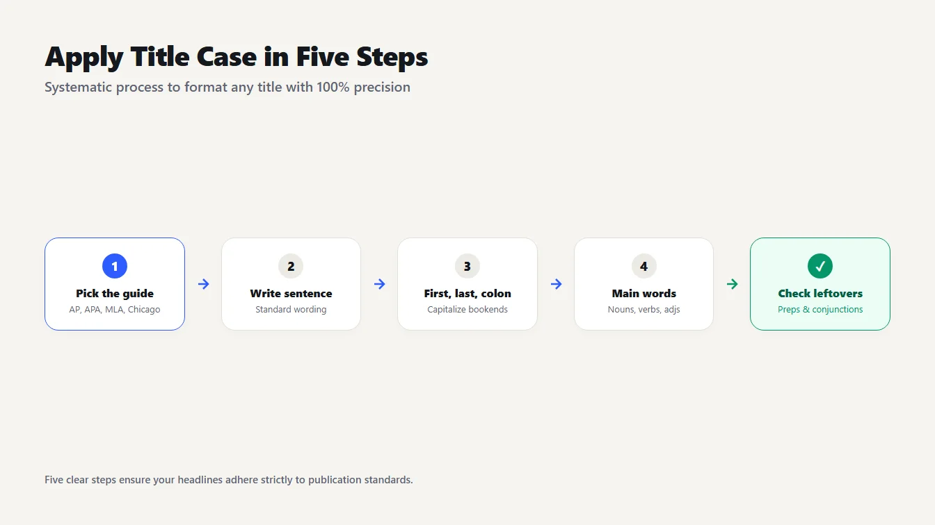 Apply title case in five steps Five step flow chart for applying title case rules to a headline