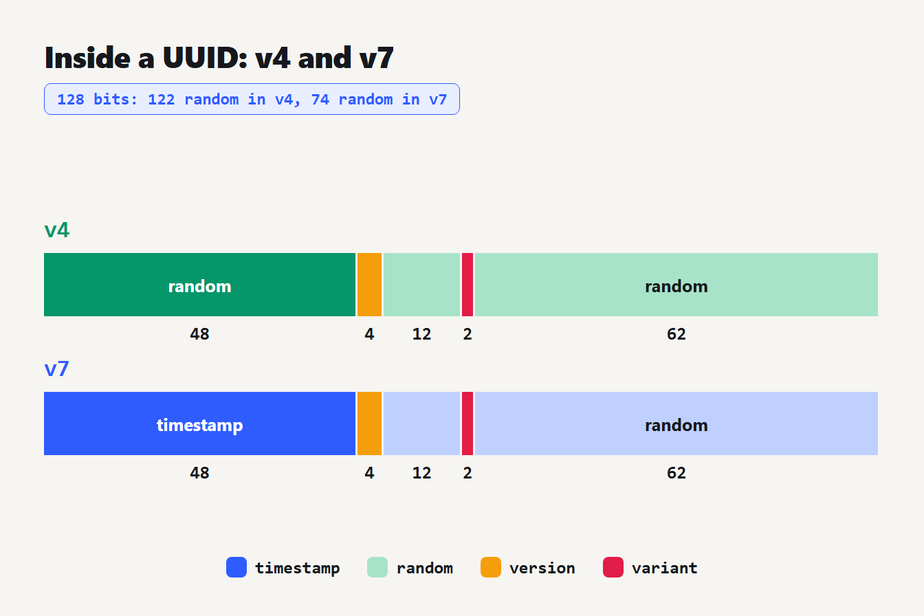 UUID v4 and v7 bit layout Bit layout of UUID v4 and v7: 48 bits, 4 version bits, 12 bits, 2 variant bits and 62 bits